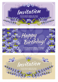 Greeting card, wedding invitation vector template with lavender flowers. Greeting invitation card for wedding and card template with flower lavender illustration