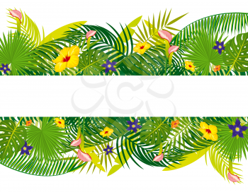 Vector empty banner with tropical floral foliage. Exotic floral leaf and flower. Summer tropical leaf of palm illustration