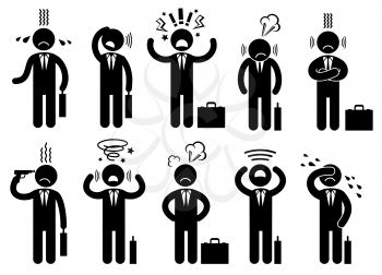 Businessman stress pressure, business mental issues, concept vector icons with pictogram people characters. Pressure mental and depression, business mental pressure illustration