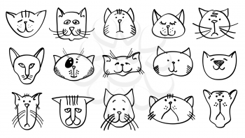Cute cat heads in hand drawn style. Cat animal set and sketch drawing cat in linear style. Vector illustration