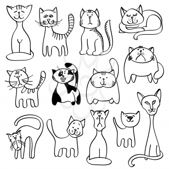 Home pets, cute cats in doodle vector style. Cat animal doodle and set of cat illustration