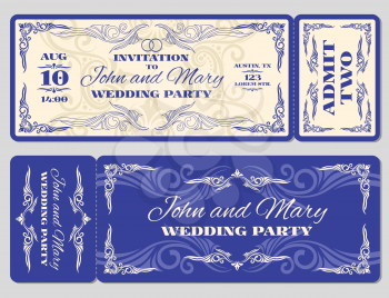 Vector vintage ticket wedding invitation. Ticket card for celebration wedding and invitation to wedding marriage illustration