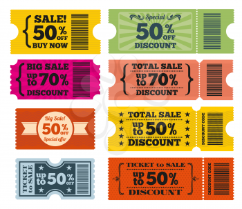 Sale tickets vector set. Tag sale, label sale, coupon sale, discount sale illustration