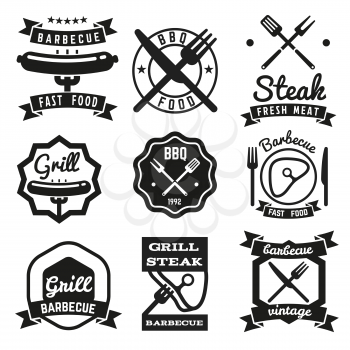 Fast food vintage vector emblems, BBQ labels or barbecue logo set. Grill bbq emblems and bbq logo template designs