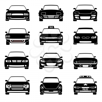 Cars in front view black vector icons. Automobile black and car taxi transport. Police car vehicle illustration