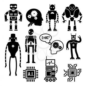 Robots and cyborgs, androids and artificial intelligence vector icons. Machine cyborgs with artificial intelligence and toy androids with ai