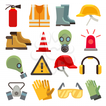 Safety work flat vector icons set. Workwear for safety, shoe and glove safety clothing, helmet and extinguisher illustration