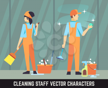 Cleaning staff vector characters woman and man with cleaning tools. Cleaner staff with broom, service cleaning team cleaner illustration