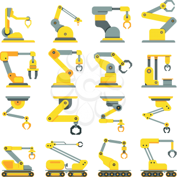 Robotic arm, hand, industrial robot flat vector icons set. Robot industry technology and machine arm robot for manufacture illustration
