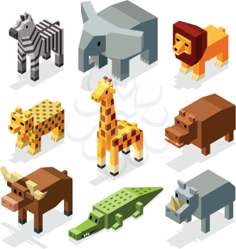 Cartoon 3D isometric african animals. Vector characters set. Animal wild safari, mammal giraffe in wildlife. Animal set illustration