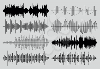 Sound music waves vector set. Audio technology musical pulse or sound charts. Equalizer play sound waves
