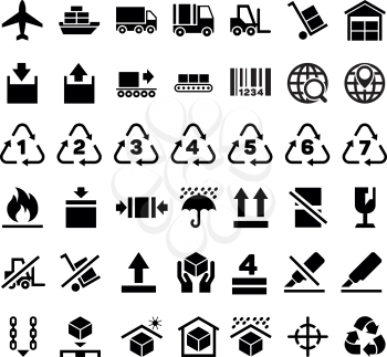 Logistic delivery packing sign and transportation industry packing icons. Packing and keep sticker, shipping packing merchandise to plane ship or car. Vector illustration