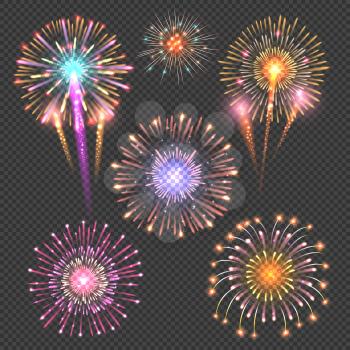 Festive firework vector set on checkered dark background. Firework bright set illustration, explosion firework abstract