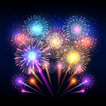 Festive vector background, poster with firework rockets bursting. Sparkling effect firework and pyrotechnic realistic firework explode illustration