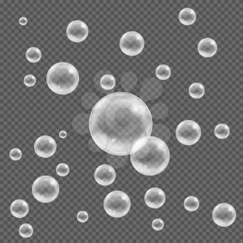 White realistic soap water bubbles vector set. Glossy realistic bubble and translucent aqua bubble illustration