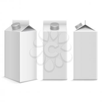 Milk and juice white carton package box in different points of view. Object pachage product milk, carton box package juice blank illustration vector template