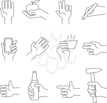 Hand icons with tools and other object. Hand hold device and set of sign hand with object. Vector illustration