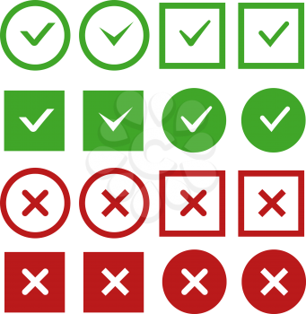 Green check marks and red crosses vector buttons or icons. Sign no and yes mark. Check mark correct and negative. Vector illustration