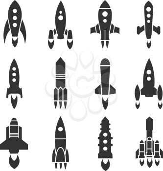 Rocket, spaceship, spacecraft, shuttle launch vector icons. Set of speed rocket and illustration of rocket space vehicle