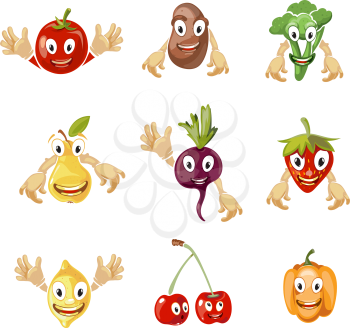 Cute cartoon vegetables and fruit vector collection in comic style. Fruit comic characters and vegetable cartoon, sweet fruit and vegetable with face illustration
