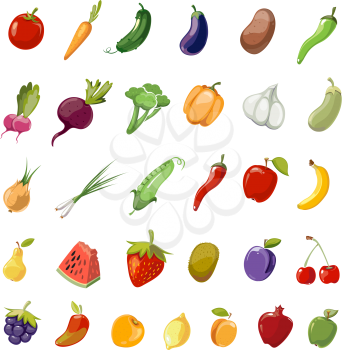 Cartoon fruit and vegetables organic healthy. Vector icons collection of fruit cherry, pomegranate and kiwi. Set of vegetables eggplant, carrot and cucumber illustration