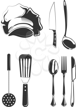 Vintage style elements for restaurant labels, badges, emblems, logos. Element kitchen spoon and fork for logo, knife and utensil drawing for label and logo. Vector illustration