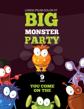 Monster party card, invitation, poster, backdrop vector template. Happy monster invitation to party and celebration banner monster party illustration