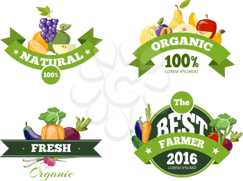 Organic farming products vector labels, emblems, badges, logos, stickers set. Organic food emblem and badge organic natural fruits and vegetables illustration