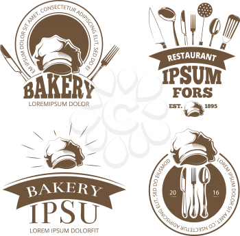 Restaurant menu design, vector labels, emblems, badges, logos. Label bakery with ribbon, bakery logo for menu with utensil illustration