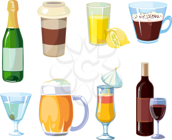 Alcoholic and non alcoholic drinks. Different beverages with bottles and glasses. Vector icons