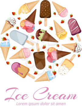 Ice cream vector icons logos set in circle design. Set of ice cream in round. Ice cream in cone waffle with strawberry illustration