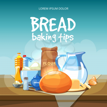 Food baking ingredients vector background. Ingredients for baking and bread baking tips illustration
