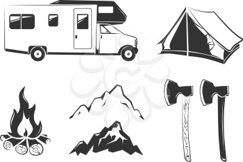Vector elements for summer camp outdoors vintage labels, emblems, logos, badges. Tent for mountain camp, travel and recreation in outdoor camp illustration