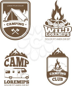 Wilderness and nature exploration vintage vector labels, emblems, logos, badges. Vintage badge camping club and illustration emblem for camping