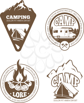 Hiking and camping retro vector labels, emblems, logos, badges. Emblem camping design with campfire, camping logo illustration