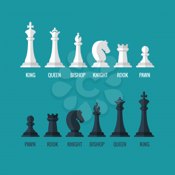 Chess pieces king queen bishop knight rook pawn flat vector icons set. Chess figures black and white. Team with chess pieces illustration