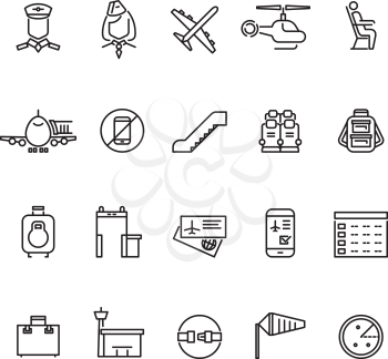 Aviation outline vector icons set. Air travel concept icon and illustration baggage and detector metal for air travel