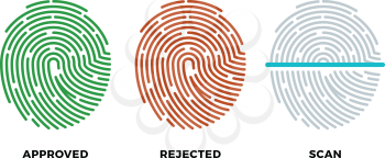 Fingerprint thumbprint vector icons set. Approved, rejected and scan symbols. Approved person with fingerprint, identification with thumbprint or fingerprint