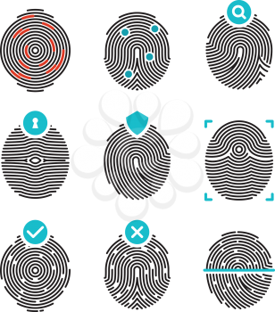 Fingerprint vector icons. Identity finger print or thumbprint set, security biometric symbols