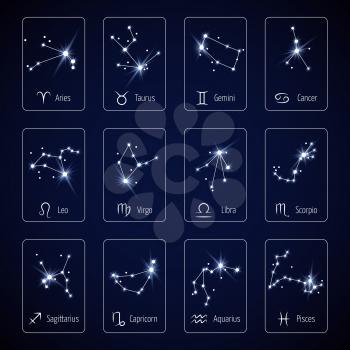 Zodiac sign all horoscope constellation stars for mobile application vector template. Constellation for horoscope and zodiac constellation virgo leo and libra illustration