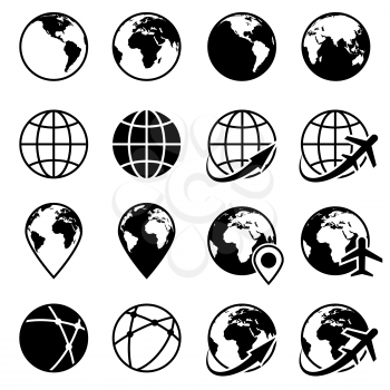 Vector black earth globe icons. Planet globe monochrome and world globe of set illustration