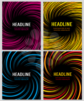 Spiral color speed lines set. Vector layout for business brochures. Spiral action color booklet or banner, swirl radial pattern on banner page illustration