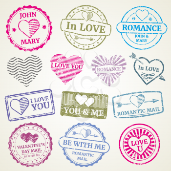 Romantic postage stamp vector set for wedding and Valentines Day post card, invitation design. Stamp in form heart and stamp for postcard illustration
