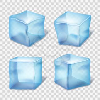 Transparent blue ice cubes in plaid background. Realistic ice in cube form, collection of transparent piece of ice. Vector illustration
