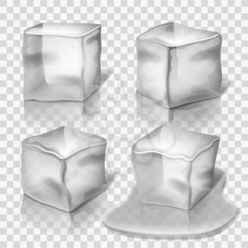 Transparent colorless ice cubes vector set. Block solid cold illustration and cube crystal freeze