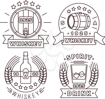 Illustration whisky logo set in thin line style. Vector whiskey alcohol drinks modern labels for pub and whiskey bar