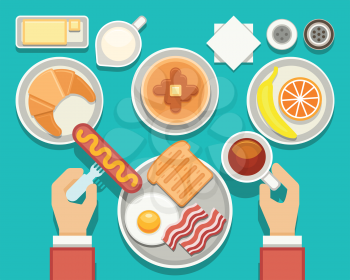 Breakfast vector concept with fresh food and drinks top view. Composition breakfast bacon and fresh snack, breakfast food set illustration