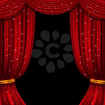 Red open curtain with glittering lights. Stage with fabric curtain, illustration of presentation with open curtain. Vector background