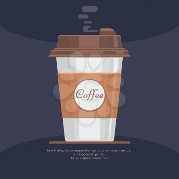 Disposable takeaway paper coffee cup in flat vector style. Coffee in paper cup and beverage latte or coffee takeaway illustration