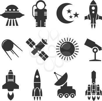 Space and astronomy vector icons. Rockets and satellites, planets and astronaut vector signs